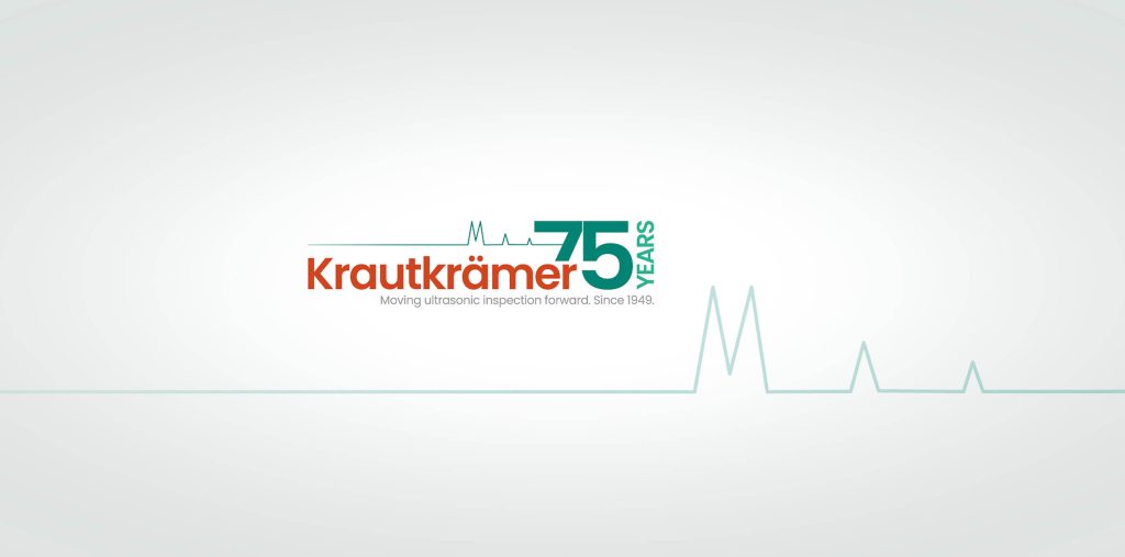Krautkrämer 75周年标志变体,浅色背景,文字“Krautkrämer 75 Years”和“Moving ultrasonic inspection forward. Since 1949.”。