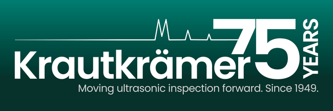 Krautkrämer 75周年标志，绿色背景，文字“Krautkrämer 75 Years”和“Moving ultrasonic inspection forward. Since 1949.”。