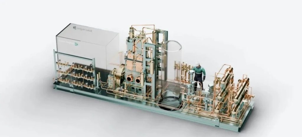 贝克休斯HRS550氢燃料加注站压缩机系统三维模型，展示整体管路布局、核心压缩模块与工程师操作位置