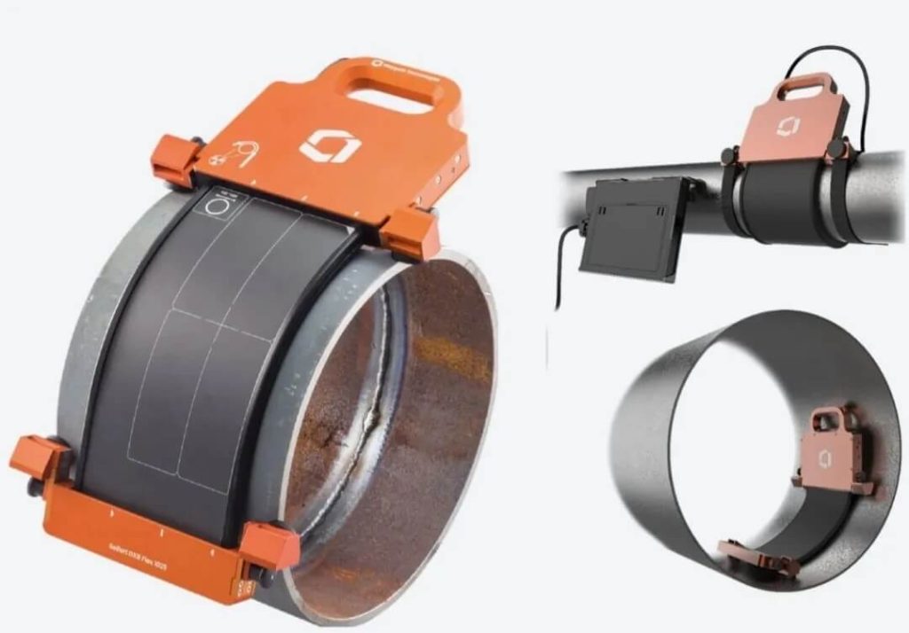 DXR Flex可弯曲数字射线探测器安装于管道焊缝检测现场的无损检测应用场景